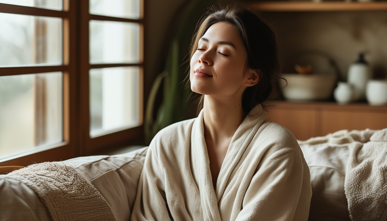 Woman in a calm, grounded morning routine at home